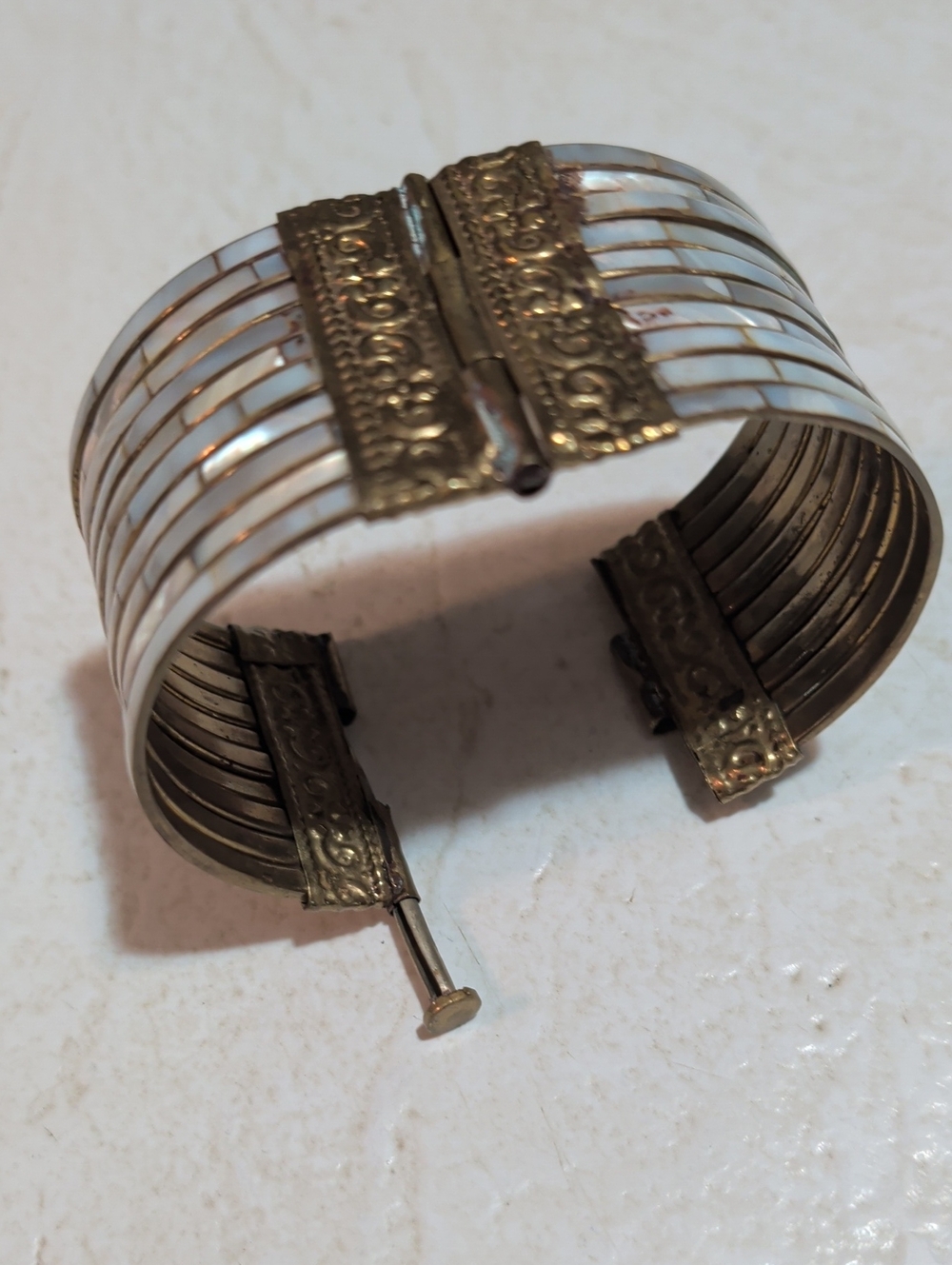 White Inlay Cuff Bracelet with Gold Accents